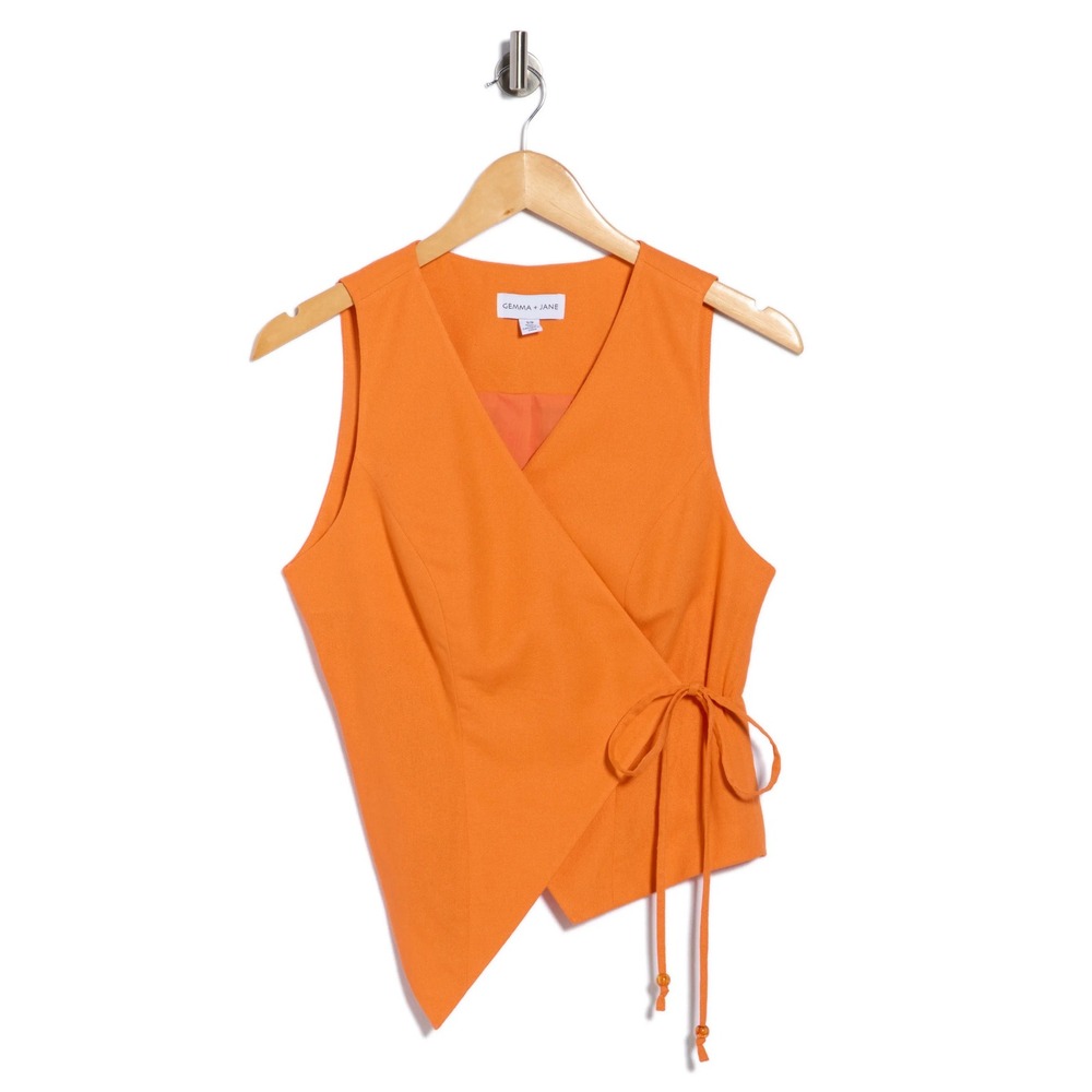 Gemma + Jane Orange Linen Blend Wrap Vest Asymmetrical Tie Top SP NWT